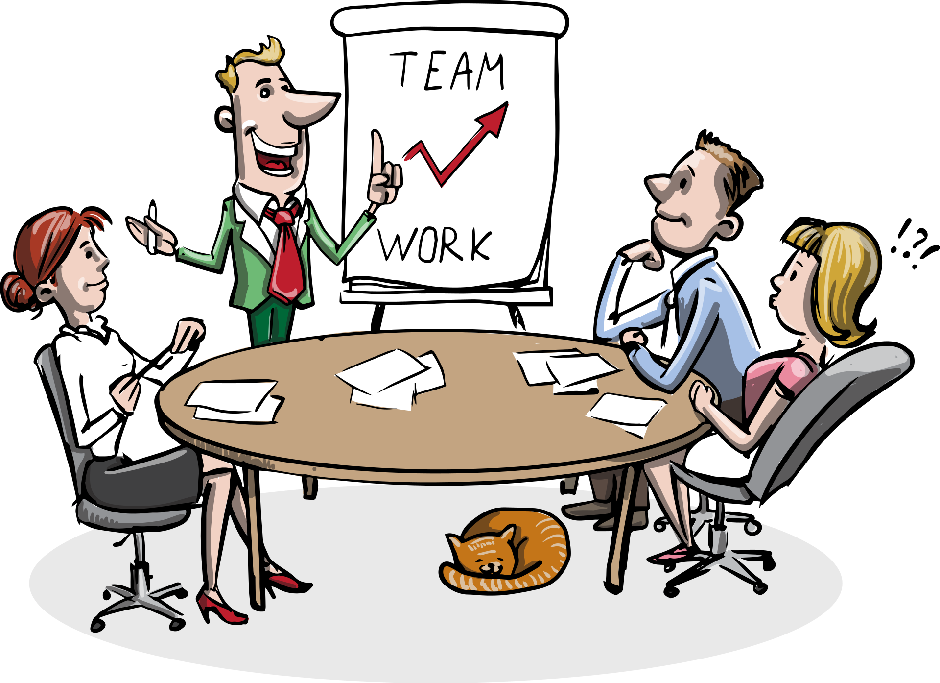 four people at a meeting with chart in middle that says team work
